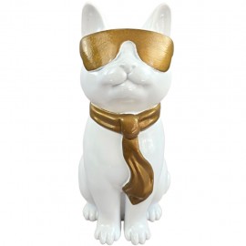 Statue chat en résine blanc laqué avec lunettes et cravate dorées 30 cm
