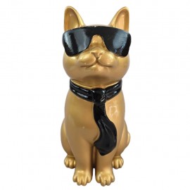 Statue chat en résine dorée avec lunettes et cravate noires 30 cm