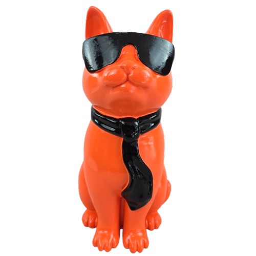 Statue chat en résine orange vif avec lunettes et cravate noires 30 cm