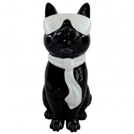 Statue chat en résine noire laquée avec lunettes et cravate blanches 30 cm