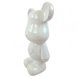 Statue ours céramique blanc nacré irisé avec cœur 28 cm