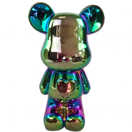 Statue ours céramique holographique irisée multicolore avec cœur 28 cm