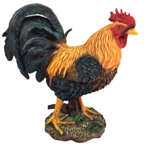 Statue coq en résine réaliste plumage noir et or 34 cm