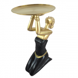 Statue femme agenouillée porte-plateau métal noir et doré 64 cm