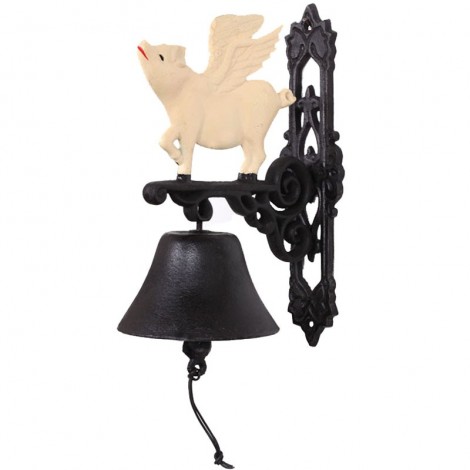 CLOCHE de porte en fonte statue cochon ailé beige - 32 cm