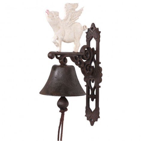 CLOCHE de porte en fonte statue cochon ailé blanc - 32 cm