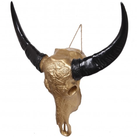 Statue tête de vache taureau trophée motif indien en résine doré - 77 cm