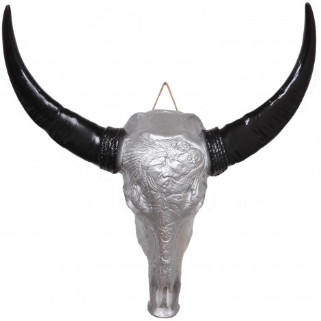 Statue tête de vache taureau trophée motif indien en résine argenté - 77 cm
