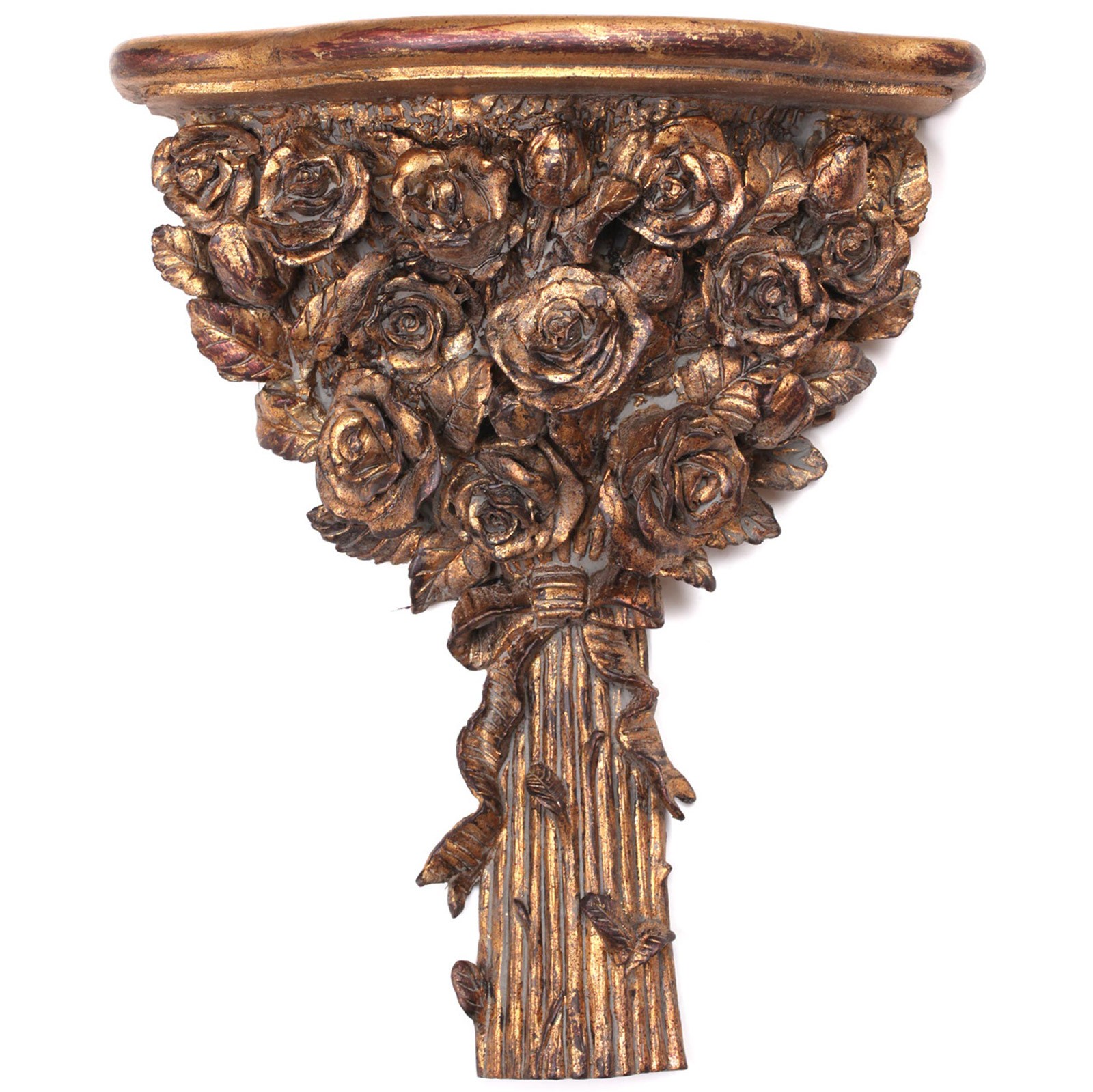 Console D'applique Murale Dorée – Résine, Bouquet Fleurs, Patine Antique