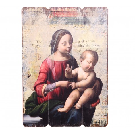 Tableau en bois vierge marie et enfant jésus - 70 cm