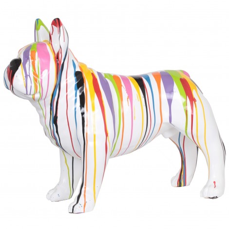 Statue chien bouledogue Français en résine multicolore fond blanc - 90 cm