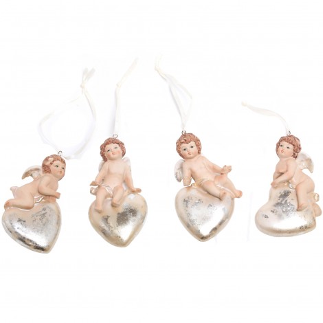 Statue anges sur cœur en porcelaine set de quatre pièces à suspendre - 10 cm