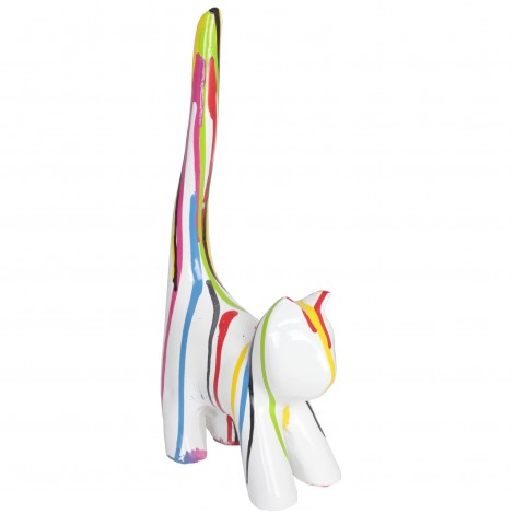 Statue chat multicolore (Xavier) en résine fond blanc - 34 cm