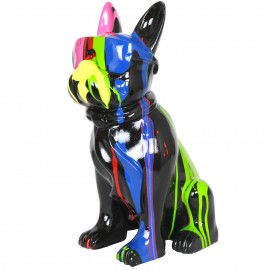 Statue chien bouledogue Français à lunette multicolore en résine (Roger) - 37 cm