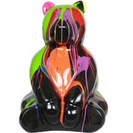 Statue en résine ours assis multicolore fond noir (Jules) - 70 cm