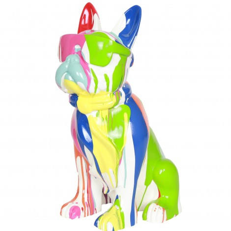 Statue chien bouledogue Français à lunette multicolore fond blanc en résine (Raoul) - 37 cm