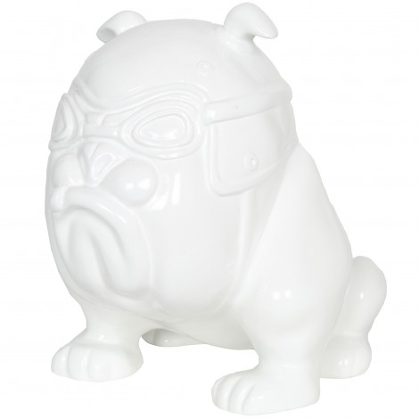 Statue chien bouledogue Anglais motard blanc en résine (Félix) - 26 cm