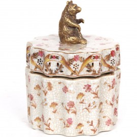 Boite en faïence craquelée, coffret, boite a bijoux avec statue ours en bronze -14 cm