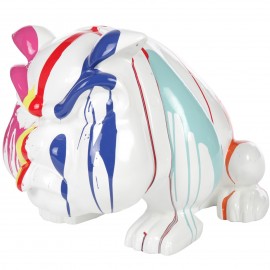 Statue en résine chien bouledogue anglais multicolore fond blanc avec collier (Bob) - 77 cm