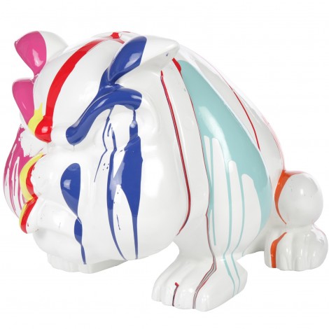 Statue en résine chien bouledogue anglais multicolore fond blanc avec collier (Bob) - 77 cm