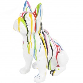 Statue en résine bouledogue Français assis multicolore fond blanc (John) - 31 cm