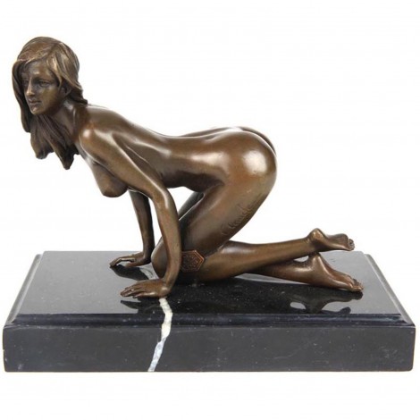 Statue érotique en bronze femme nue agenouillée sur socle en marbre - 21 cm