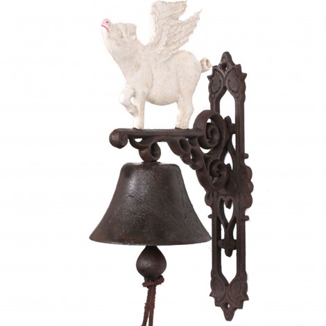 Cloche de porte en fonte statue cochon ailé blanc - 37 cm