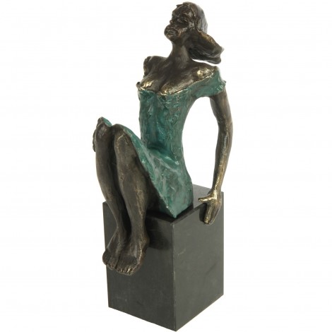 Statue double patine bronze jeune fille a la robe verte - 19 cm