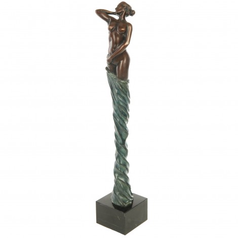 Statue érotique en bronze femme au voile bleu mains derrière - 45 cm