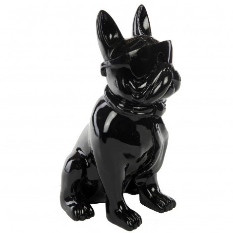 Statue chien bouledogue Français à lunette en résine noir -Pierre- 37 cm