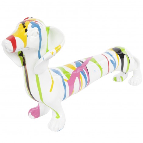 Statue chien teckel multicolore fond blanc en résine - 40 cm