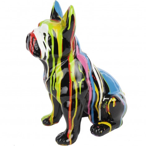 Statue en résine bouledogue Français assis multicolore fond noir - filou - 31 cm