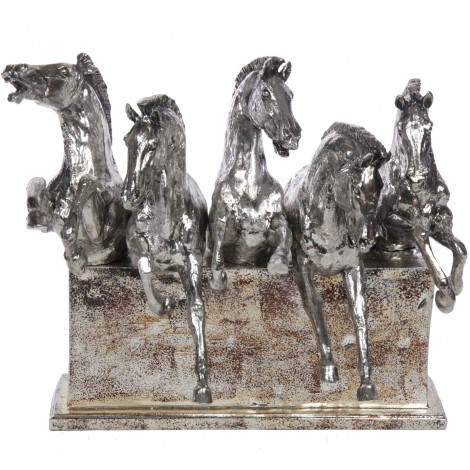 Statue cinq chevaux en résine argentée - 36 cm