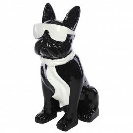Statue chien bouledogue Français à lunette en résine noir et blanc -Paolo- 37 cm