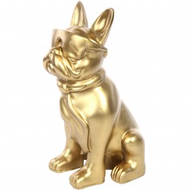 Statue chien bouledogue Français à lunette en résine dorée - Martial - 37 cm