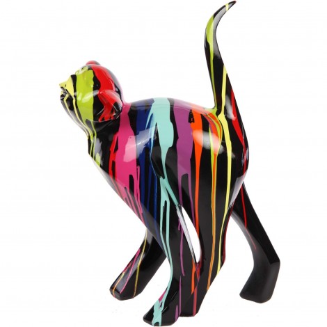 Statue en résine CHAT origami multicolore fond noir - 57 cm