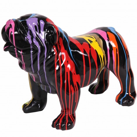 Statue en résine chien bouledogue anglais multicolore fond noir (Georges) - 58 cm