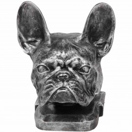 Statue tête de chien bouledogue Français en résine argentée - 37 cm