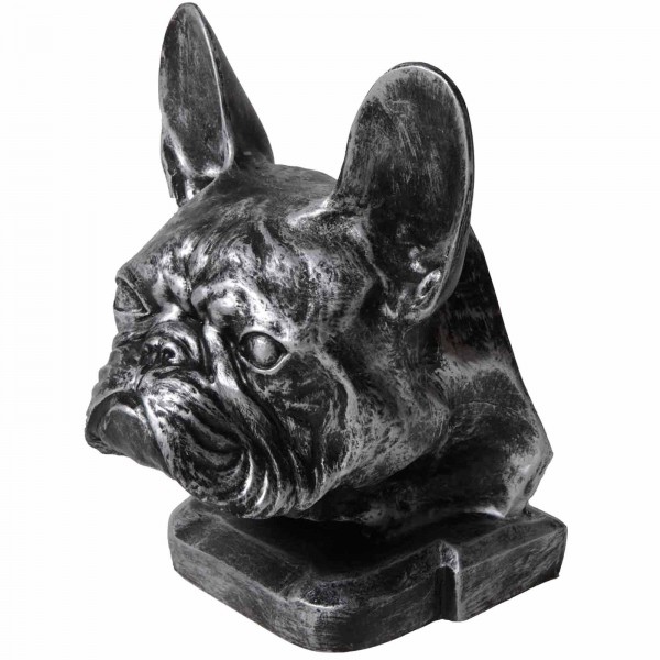 Statue tête de chien bouledogue Français en résine argentée 37 cm 