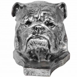 Statue tête de chien bouledogue Anglais en résine argentée - 30 cm