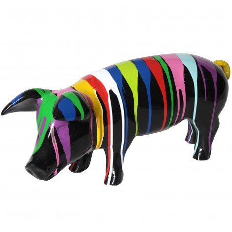 Statue en résine cochon multicolore fond noir- Flipot - 60 cm