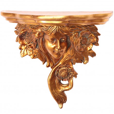 Console d'applique étagère visage de femme en résine dorée - 48 cm