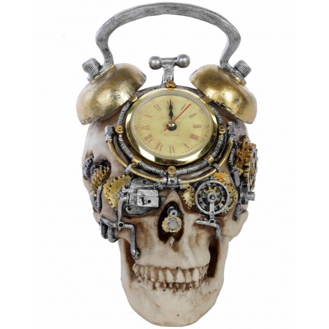 Statue tête de mort avec horloge - en résine - 22 cm