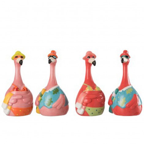 Set de 4 statues de flamant rose a la plage en céramique - 20 cm