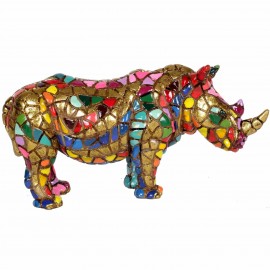 Statue en résine rhinocéros en mosaïque multicolore - 15 cm