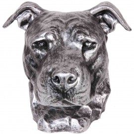 Statue argent tête de chien en résine pitbull staff américain oreille naturel - 35 cm