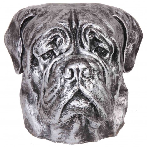 Statue tête de chien argent bullmastiff en résine - 34 cm