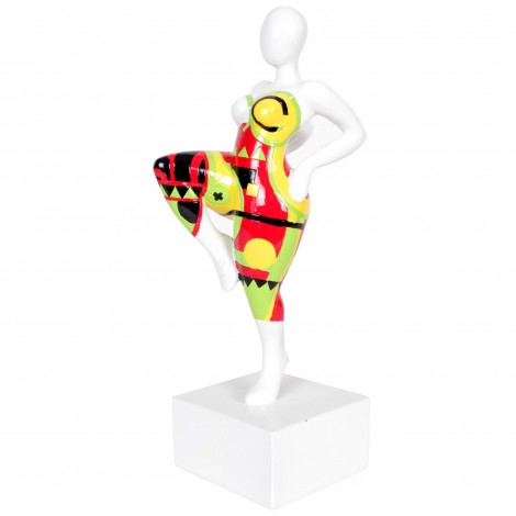 Statue design en résine femme jambe levée multicolore dominante rouge - 37 cm