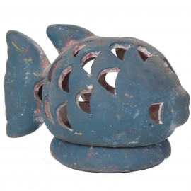 Photophore bougeoir statue poisson bleu en terre cuite -17 cm