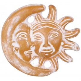 Statue murale soleil et lune patine ocre jaune en terre cuite - 28 cm